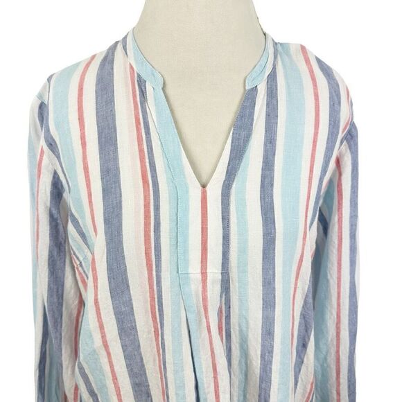LL Bean 100% Linen Red White Blue Tunic Top Notch V-Neck L/S Popover Size XL - Picture 2 of 10